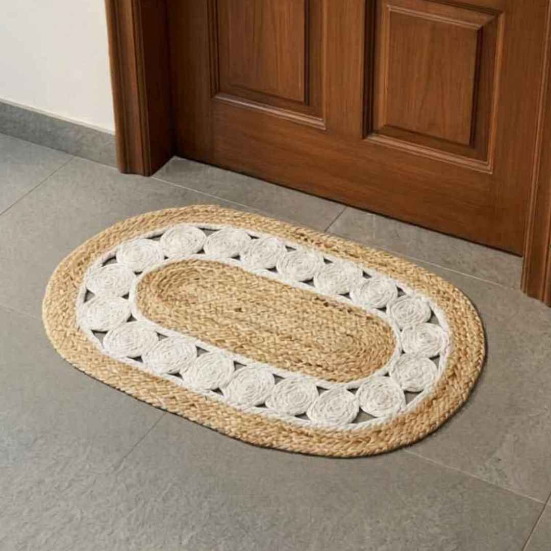 White Hoops Jute Mat