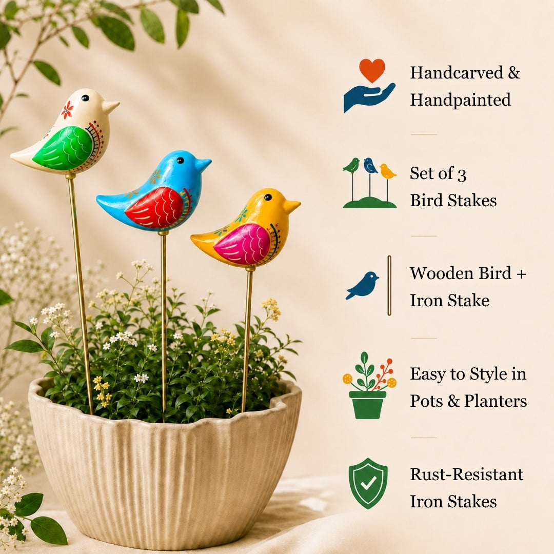 Chirpy Bird Wooden Garden Stake (Set Of 3)