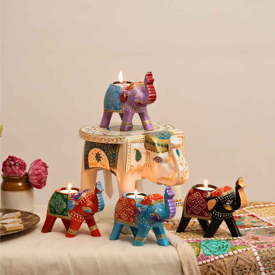 Decorative Set - White Elephant Stool with Assorted Candle Holders