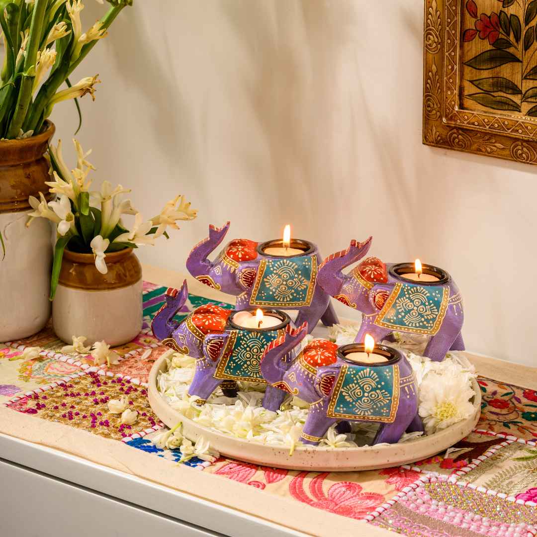 Purple Handpainted Elephant Candle Holder (Set Of 4)