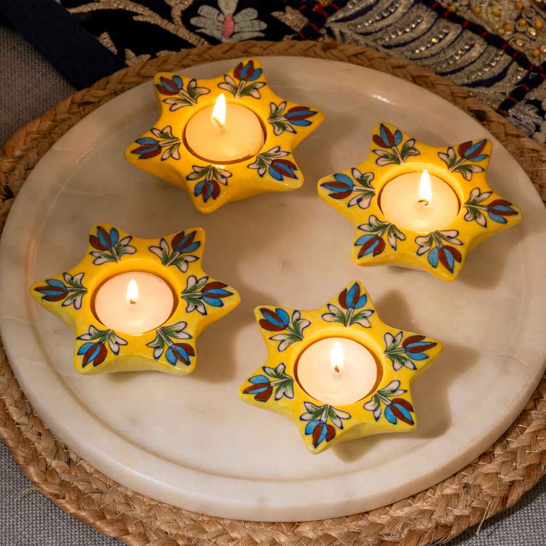 Atrangi Studio Tulip Blue Pottery Candle Holder - Yellow