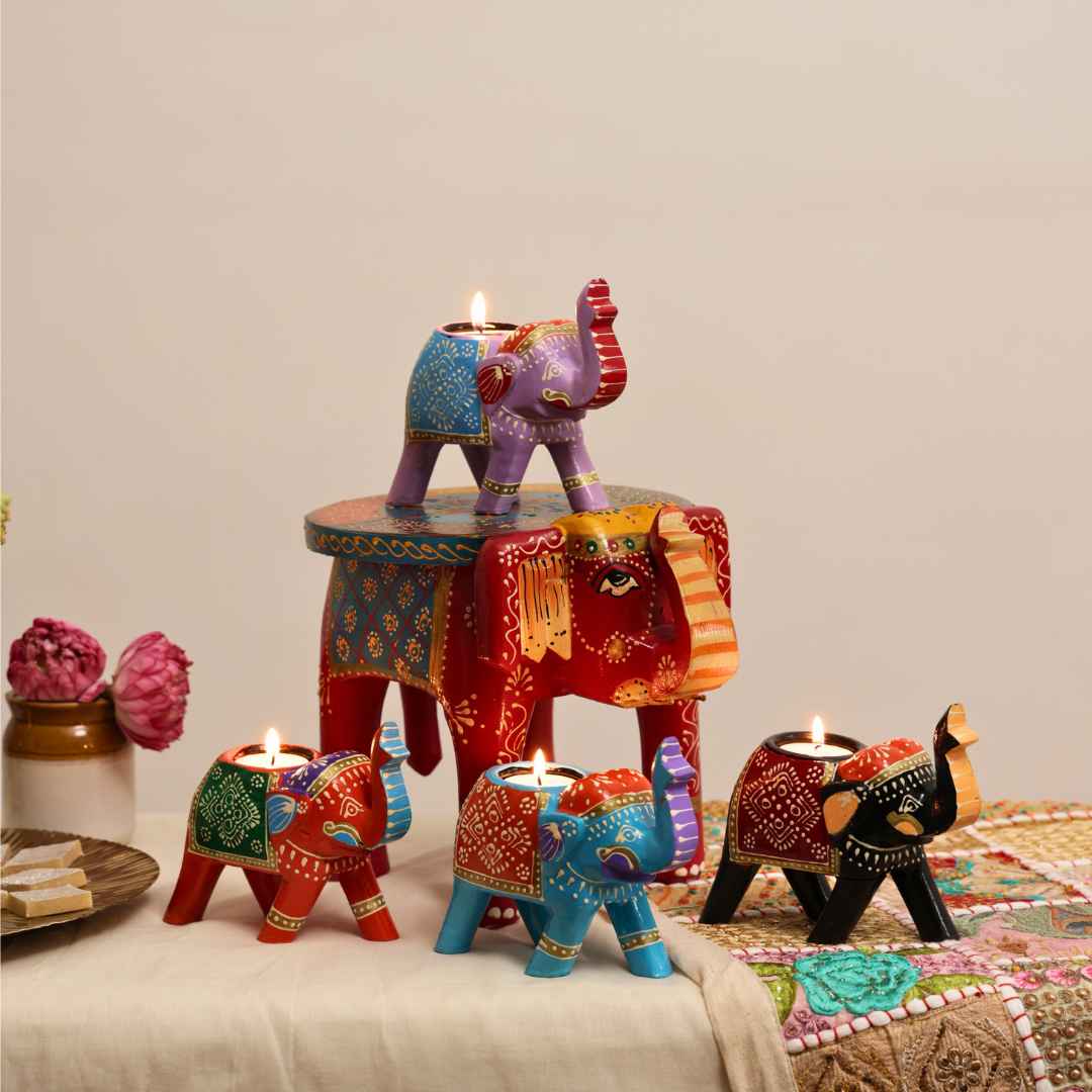 Decorative Set - Red Blue Elephant Stool with Assorted Candle Holders