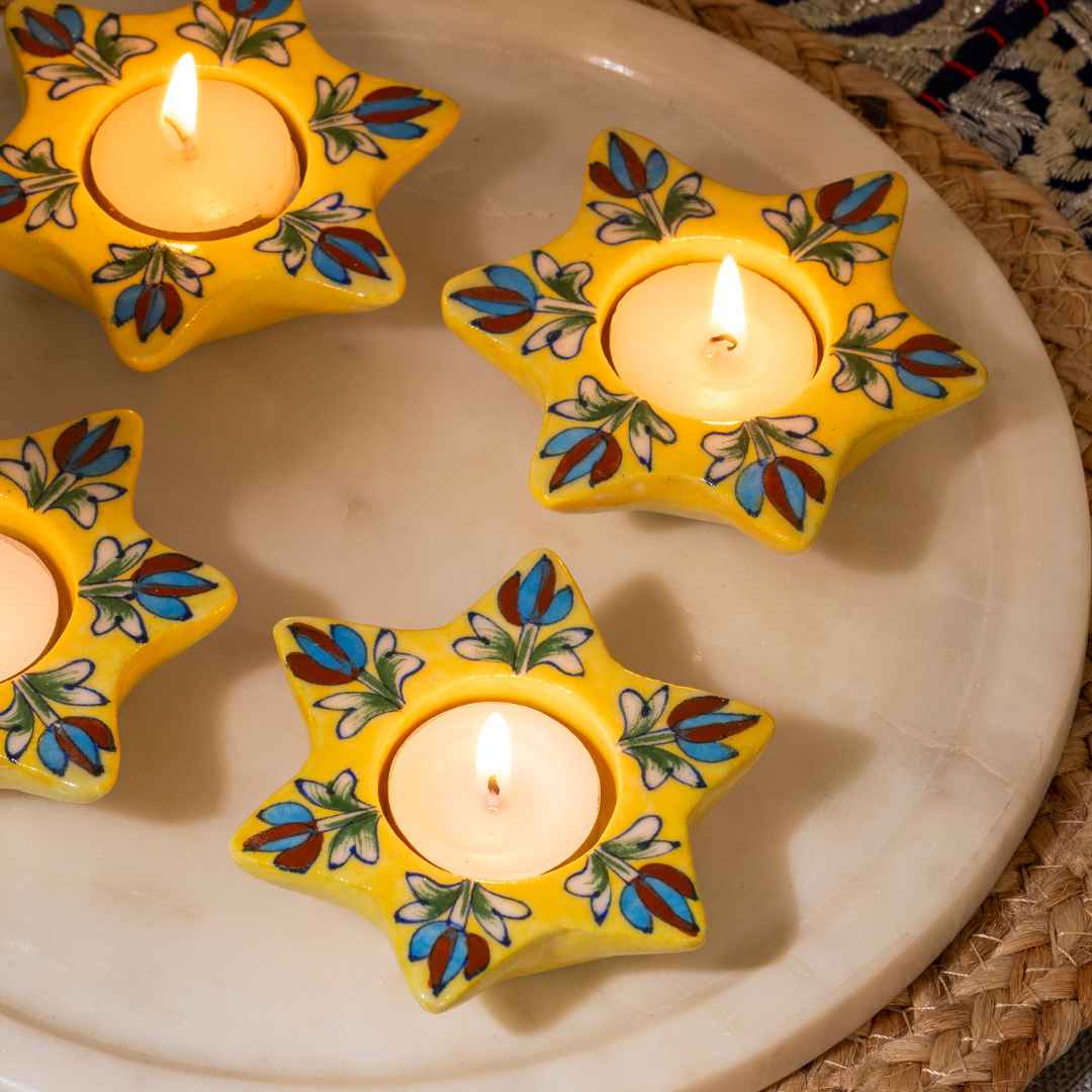 Atrangi Studio Tulip Blue Pottery Candle Holder - Yellow