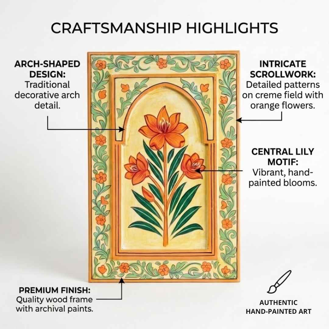 Atrangi Studio Wooden wall frame - Kesari floral wooden wall frame highlighting handpainted craftsmanship and arch design