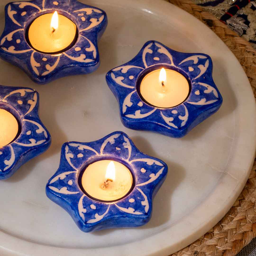 Jasmine Blue Pottery Candle Holder - Dark Blue (Set Of 4)