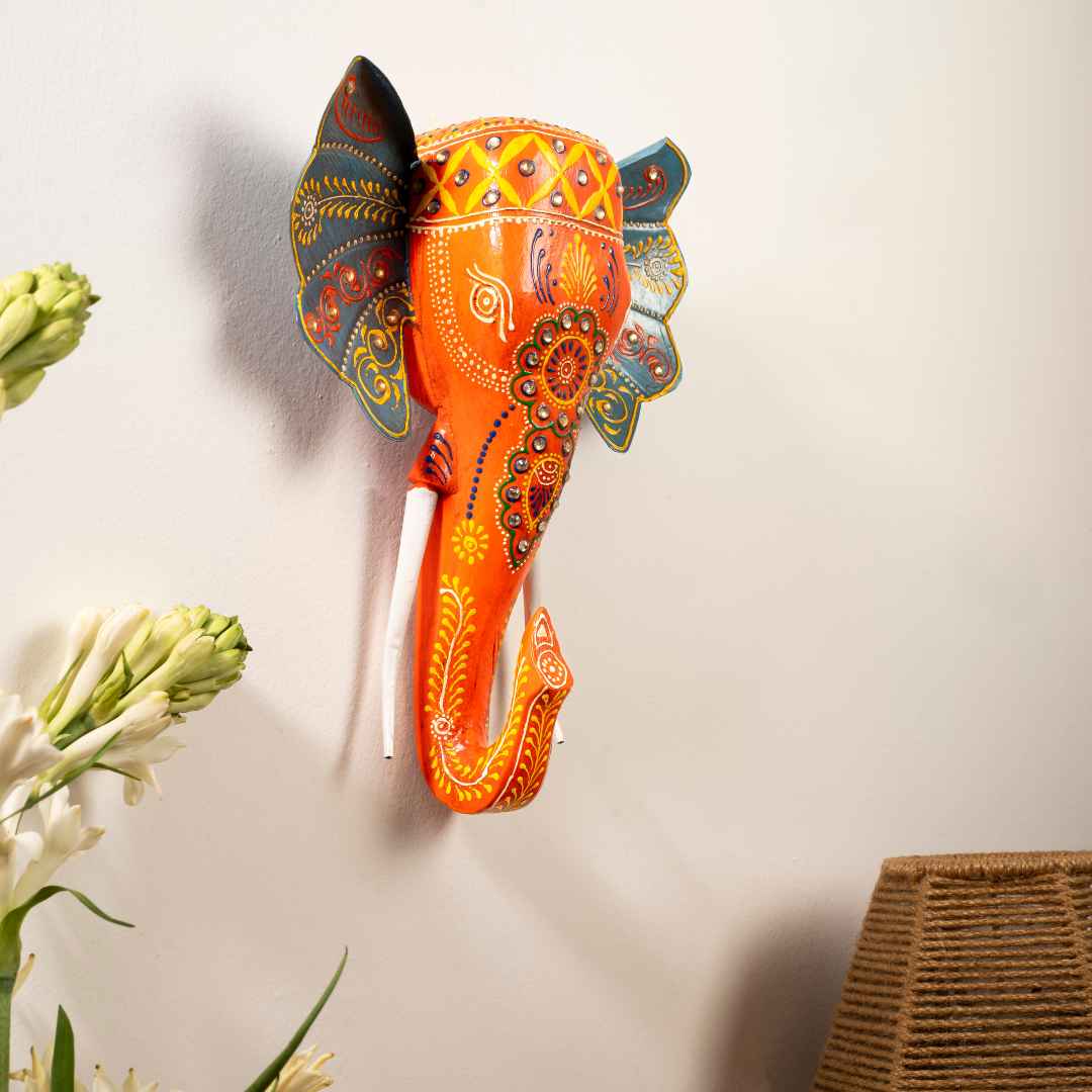 Orange Handpainted Elephant Wall Decor