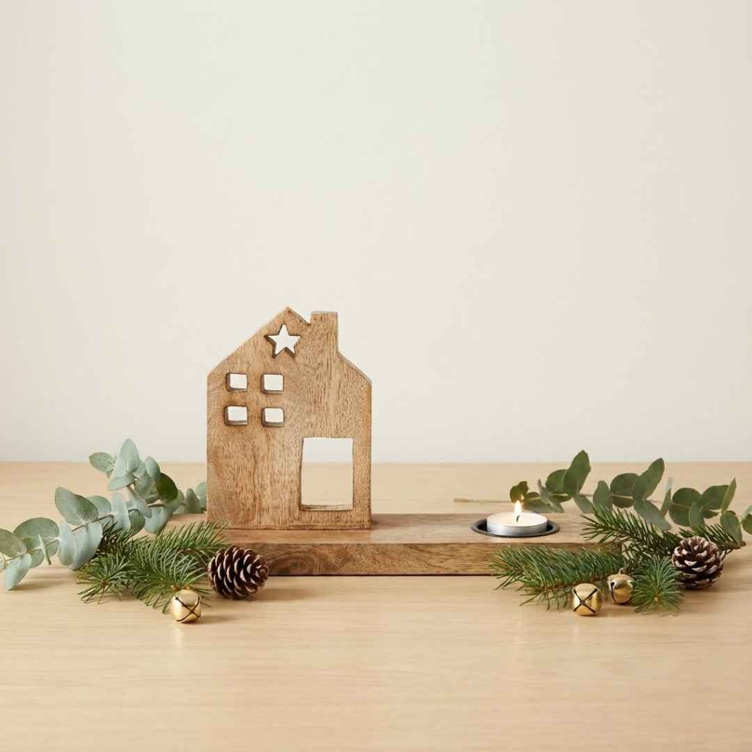 Rustic Wooden House Tealight Holder