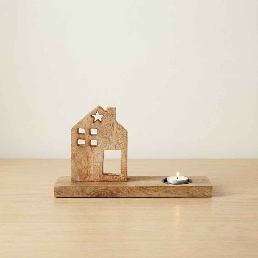 Rustic Wooden House Tealight Holder