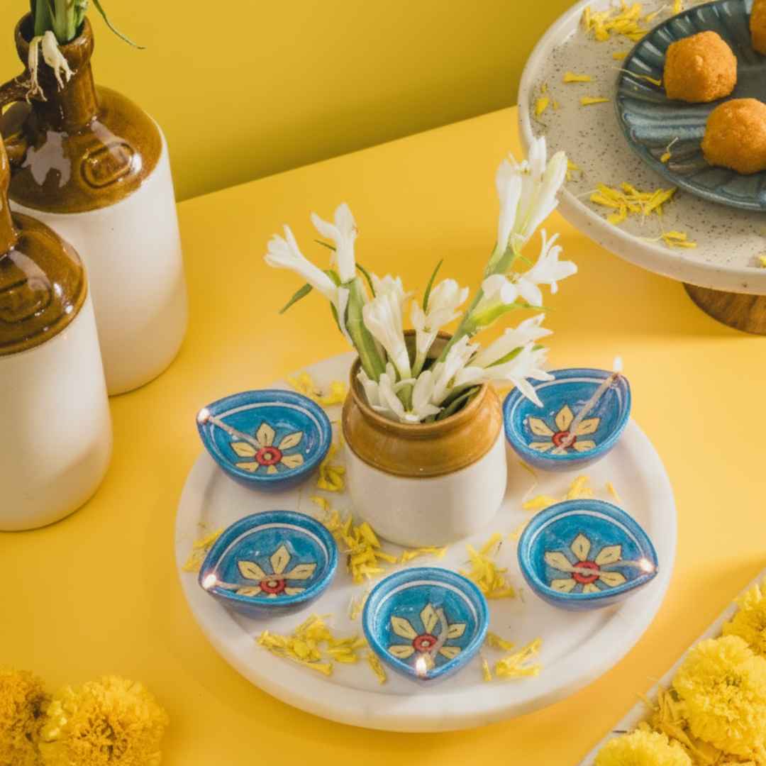 Starflower Blue Pottery Diya (Set Of 5)