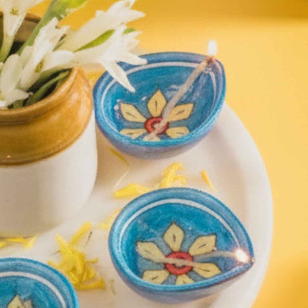 Starflower Blue Pottery Diya (Set Of 5)