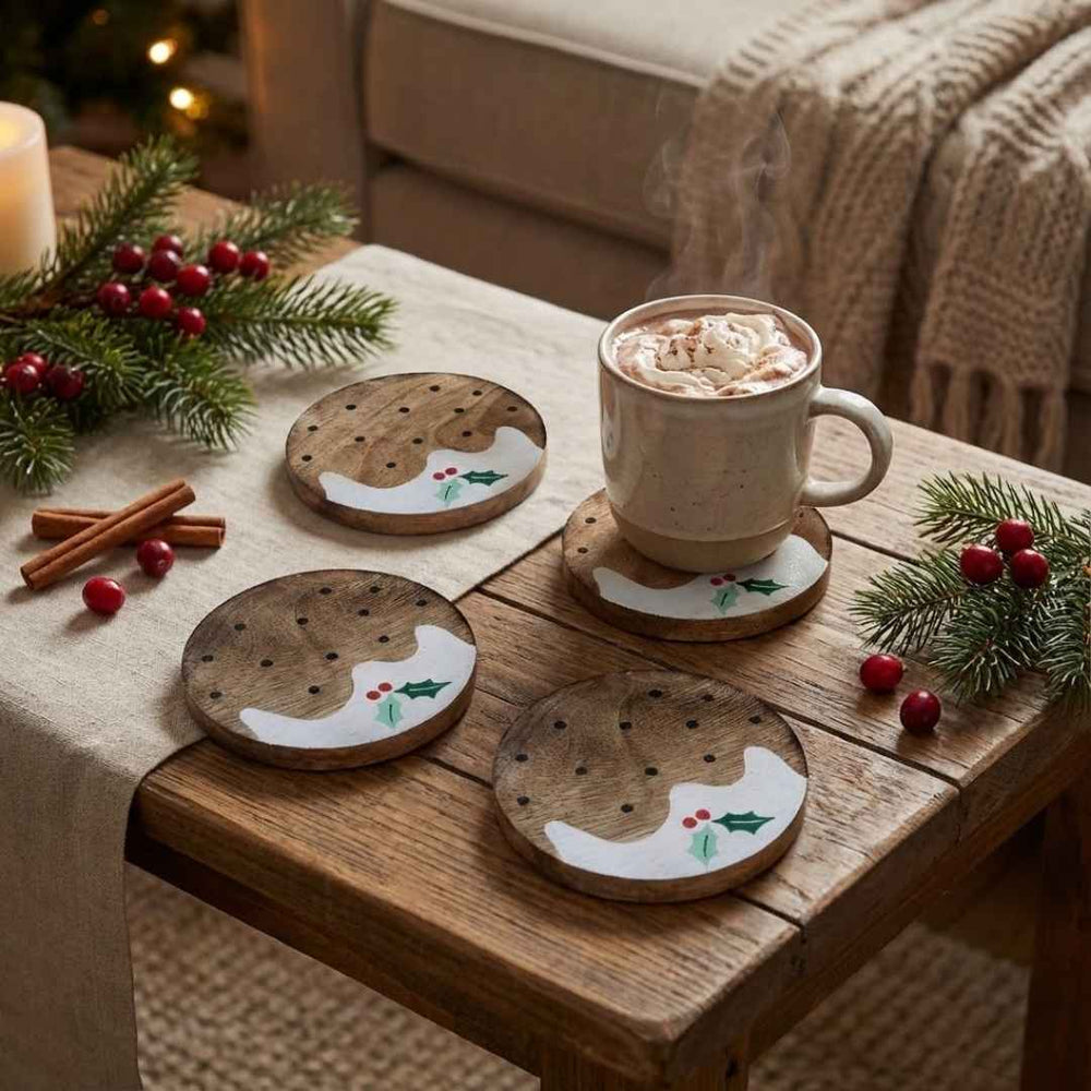 Christmas Wooden Coaster Set (4 pcs) | Festive Drink Coasters