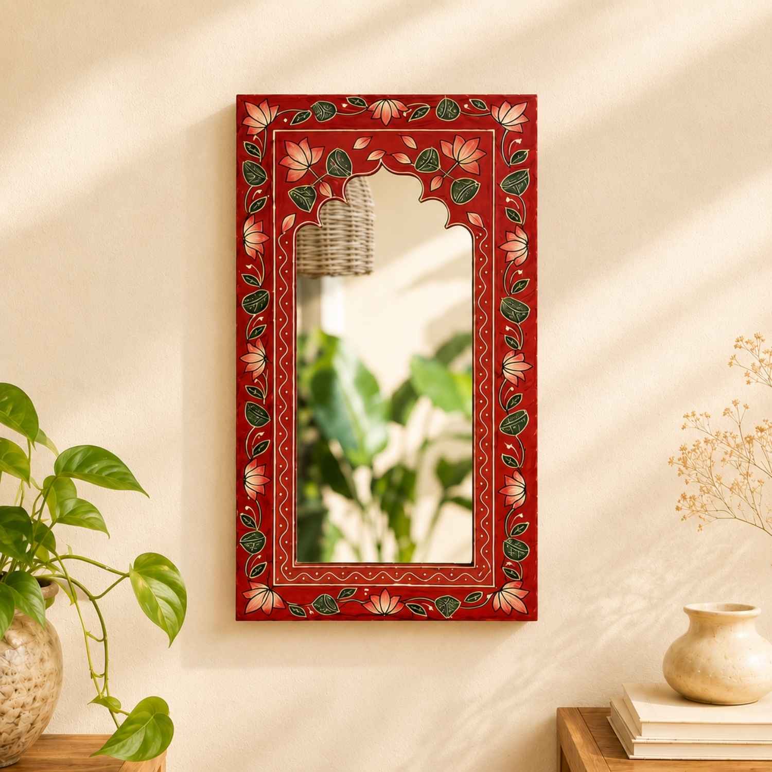 Heritage Red Handpainted Wooden Mirror