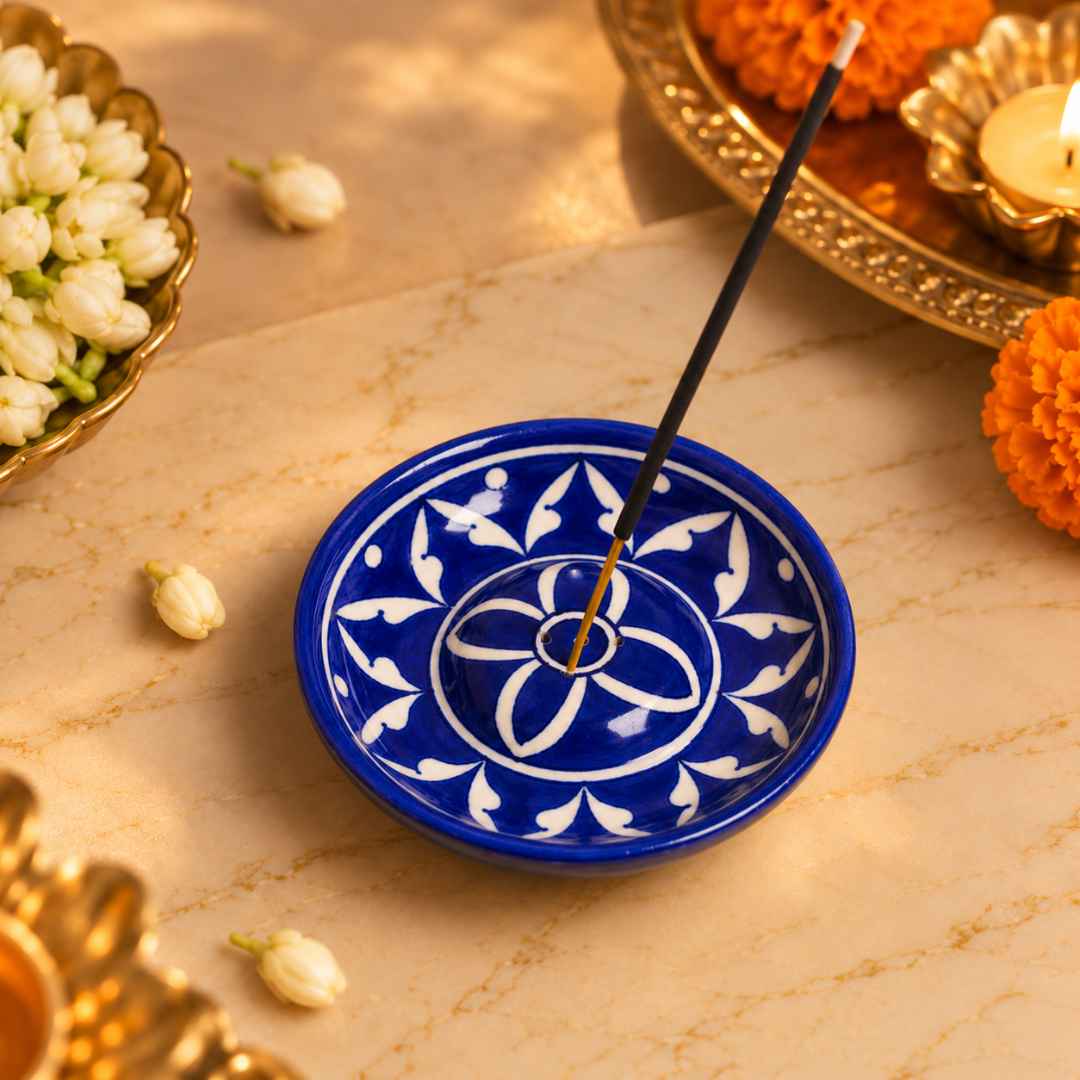 Handpainted Dark Blue Incense Holder for pooja and festive decor 