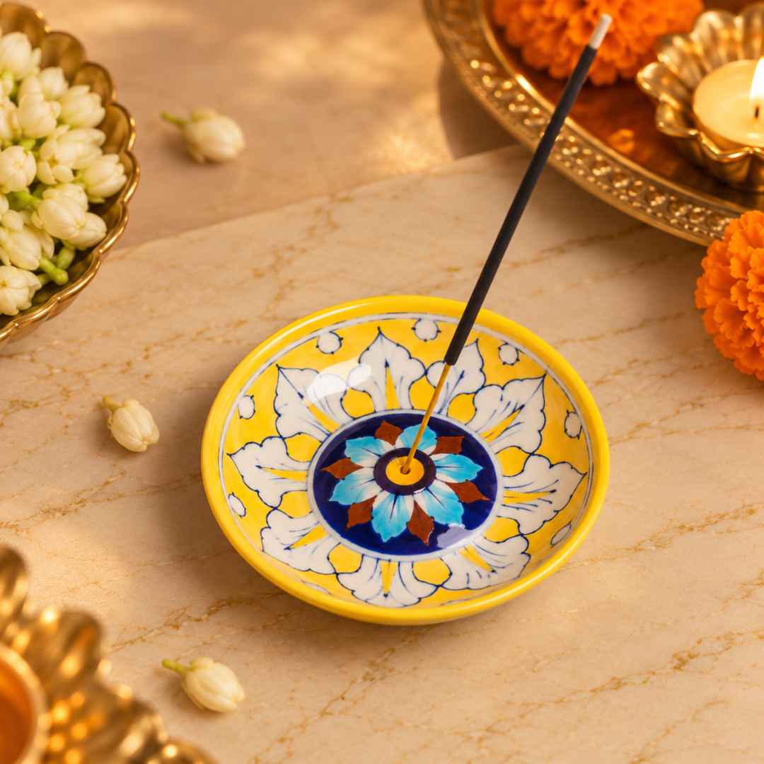 Handcrafted Yellow Incense Holder for pooja and Diwali decor 