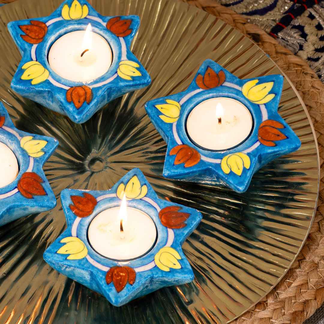 Assorted Blue Pottery Candle Holders (Set Of 8)