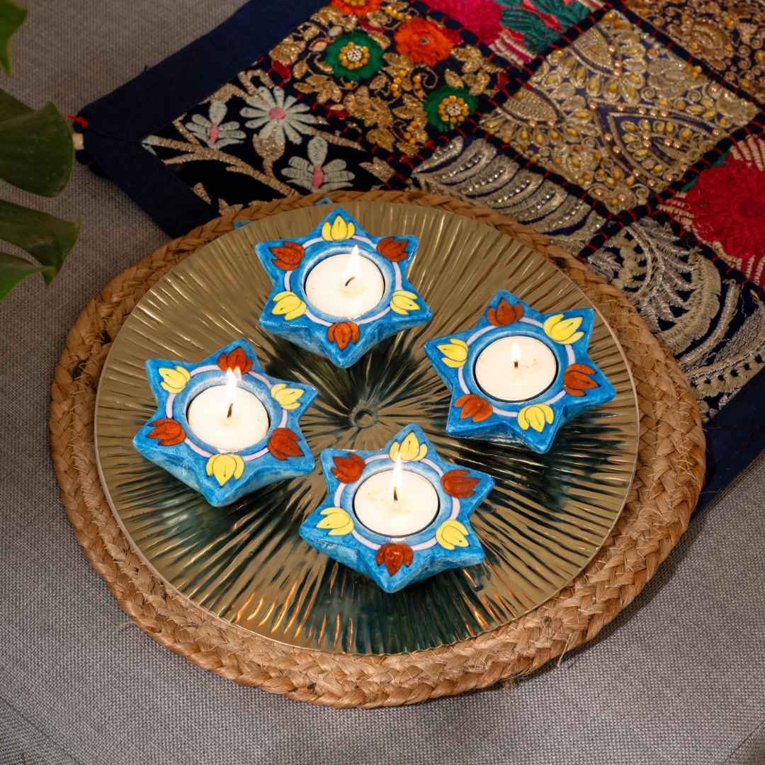 Lotus Blue Pottery Candle Holder - Light Blue (Set Of 4)