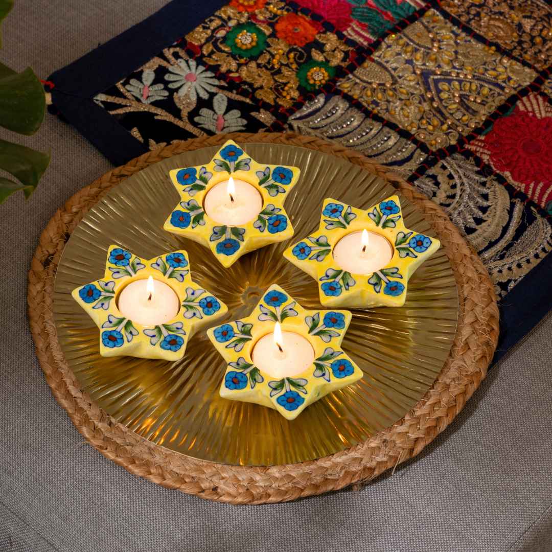 Tulip Blue Pottery Candle Holder - Yellow (Set Of 4)