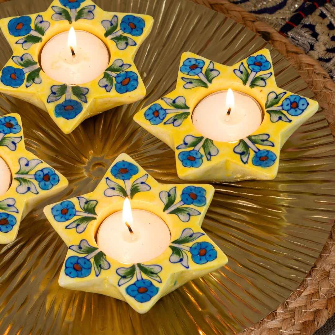 Tulip Blue Pottery Candle Holder - Yellow (Set Of 4)