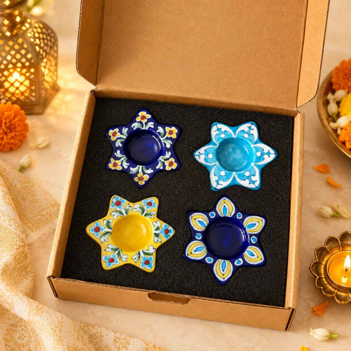 Blue Pottery Candle Holders Gift Box
