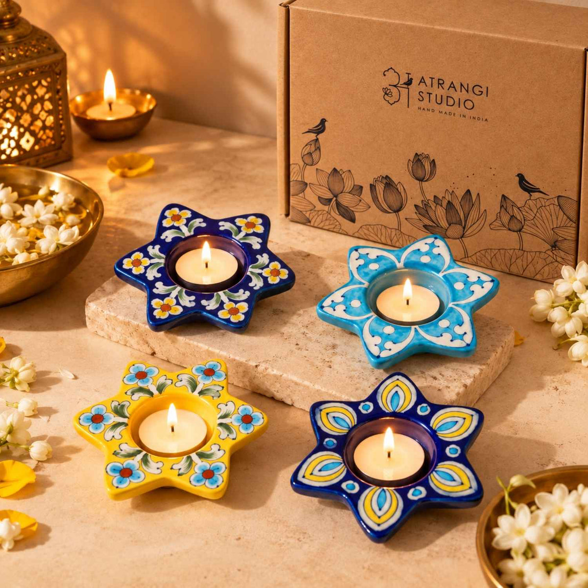 Blue Pottery Candle Holders Gift Box