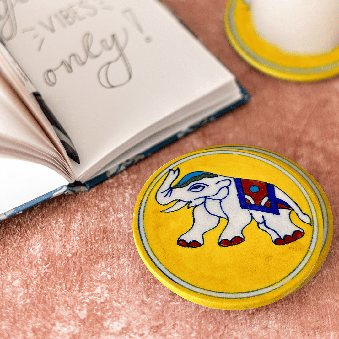 Blue Pottery Coaster - Elphant - Yellow (Set Of 4)