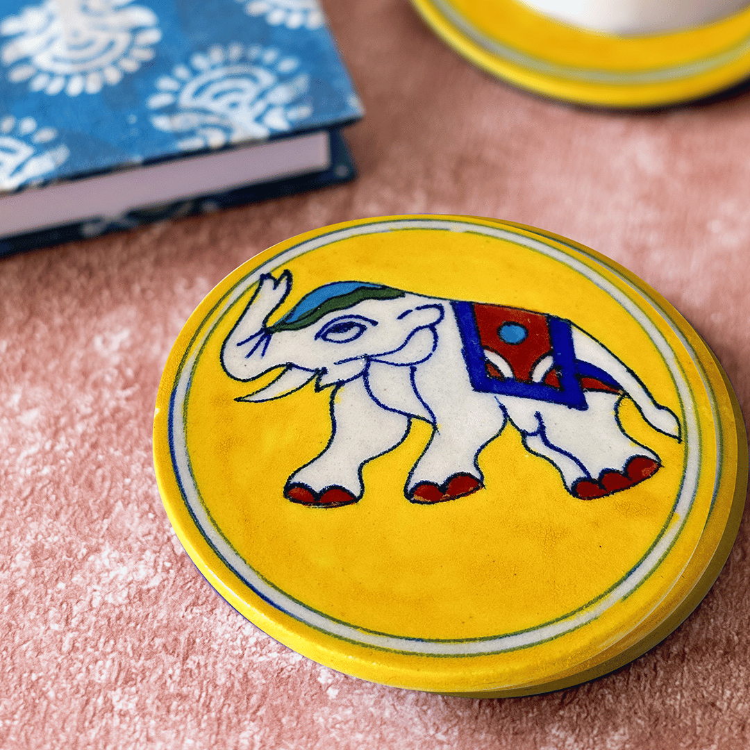 Blue Pottery Coaster - Elphant - Yellow (Set Of 4)