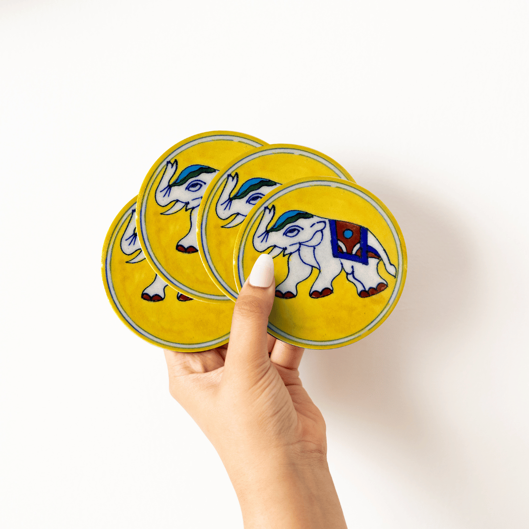 Blue Pottery Coaster - Elphant - Yellow (Set Of 4)