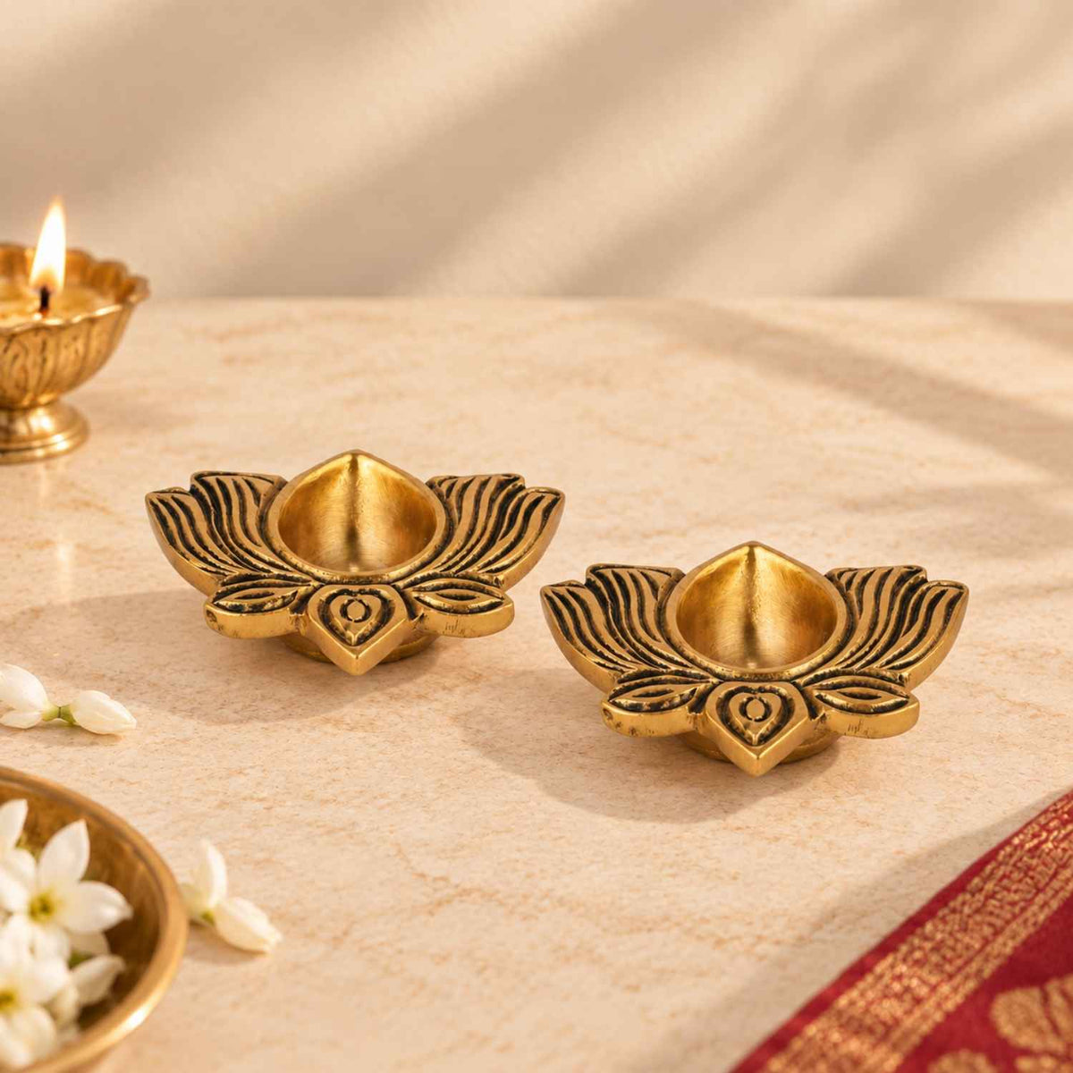 Brass Lotus Diya (Set Of 2)