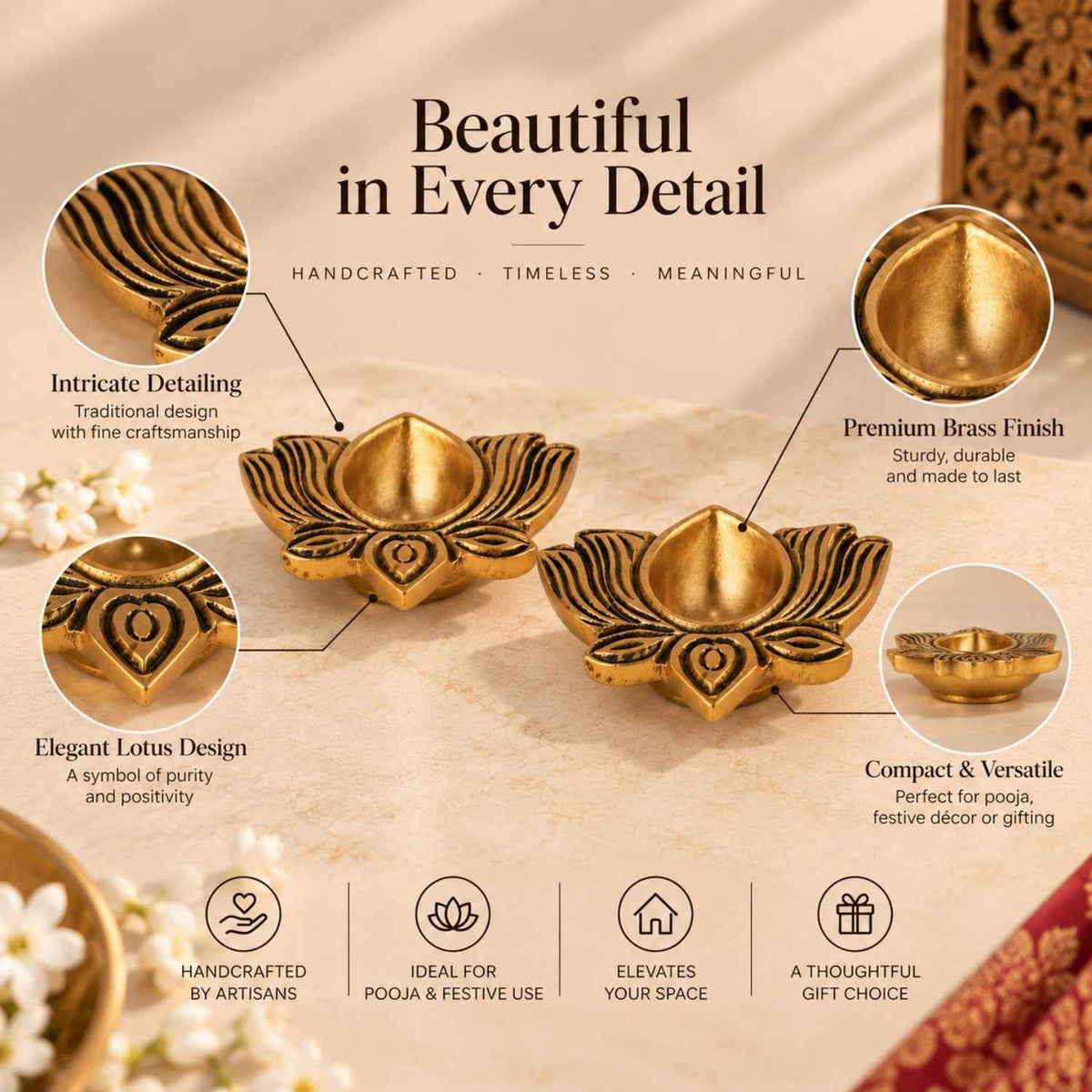 Brass Lotus Diya (Set Of 2)
