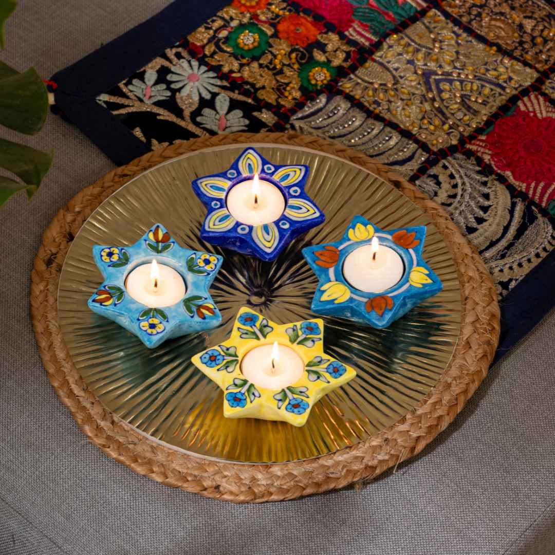 Assorted Blue Pottery Candle Holders (Set of 4)