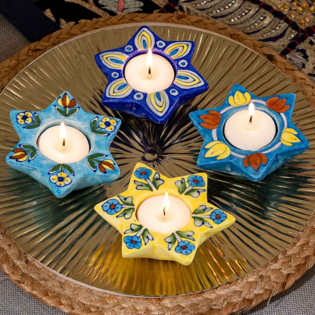 Assorted Blue Pottery Candle Holders (Set of 4)