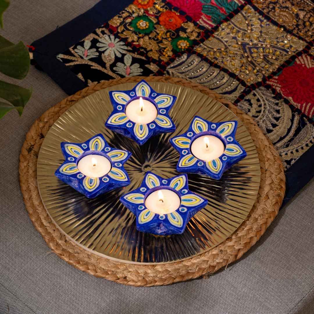 Jasmine Blue Pottery Candle Holder - Dark Blue (Set Of 4)