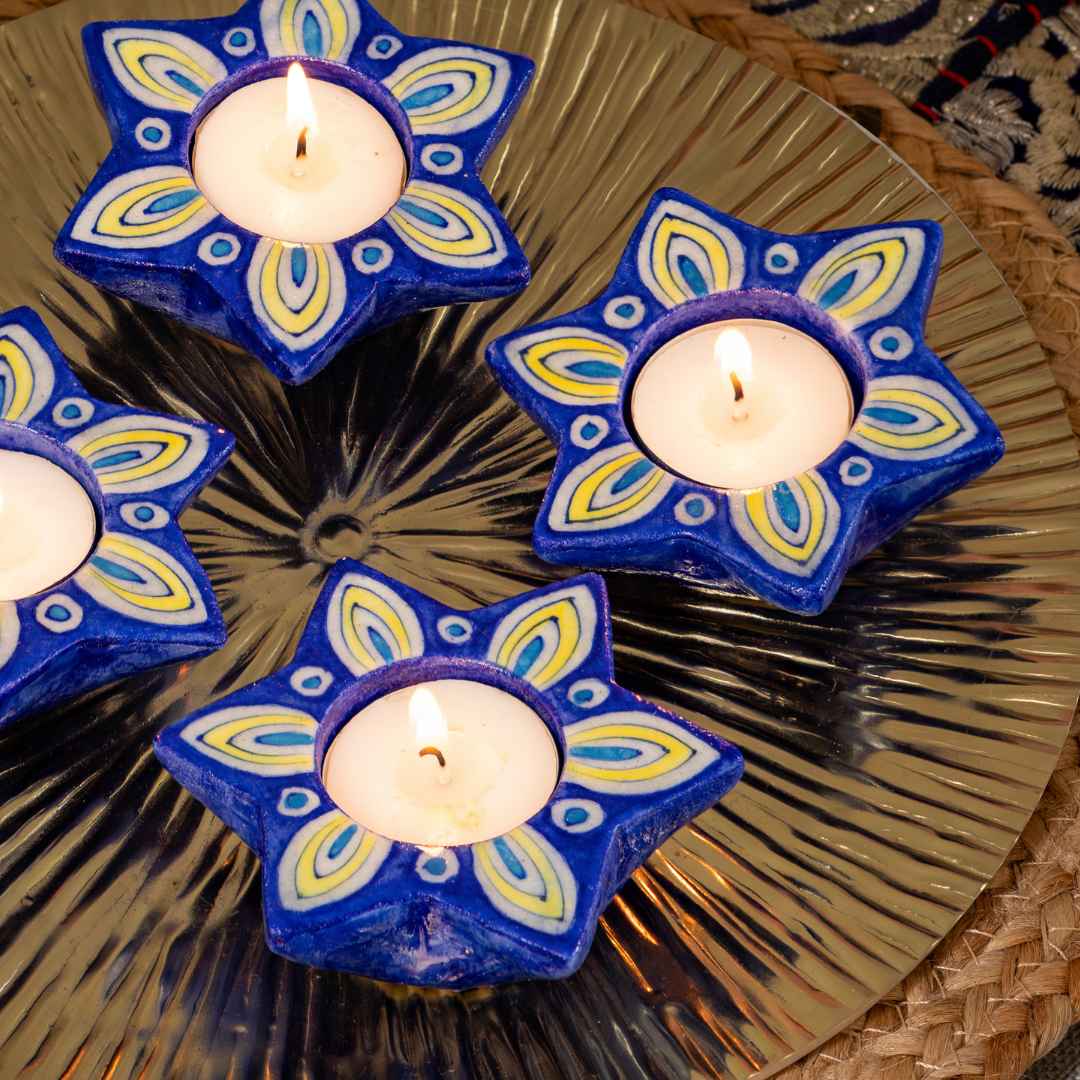 Jasmine Blue Pottery Candle Holder - Dark Blue (Set Of 4)