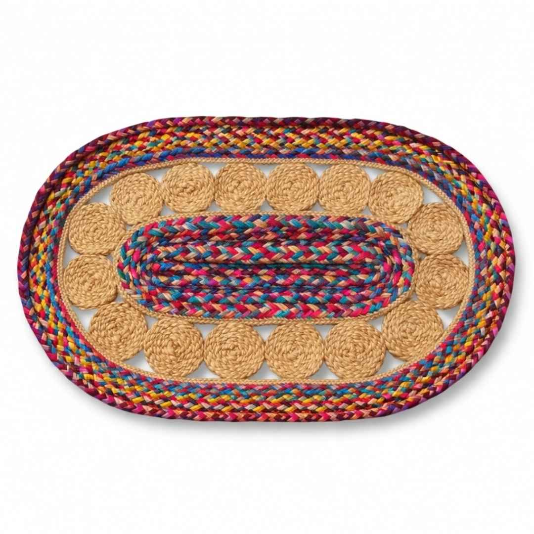 Colourful oval jute mat with jute rosette hoops and multicolour braided border