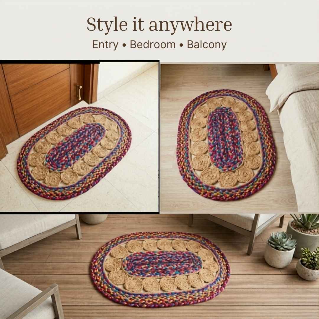 Close up of natural jute rosette hoops on multicolour braided oval mat