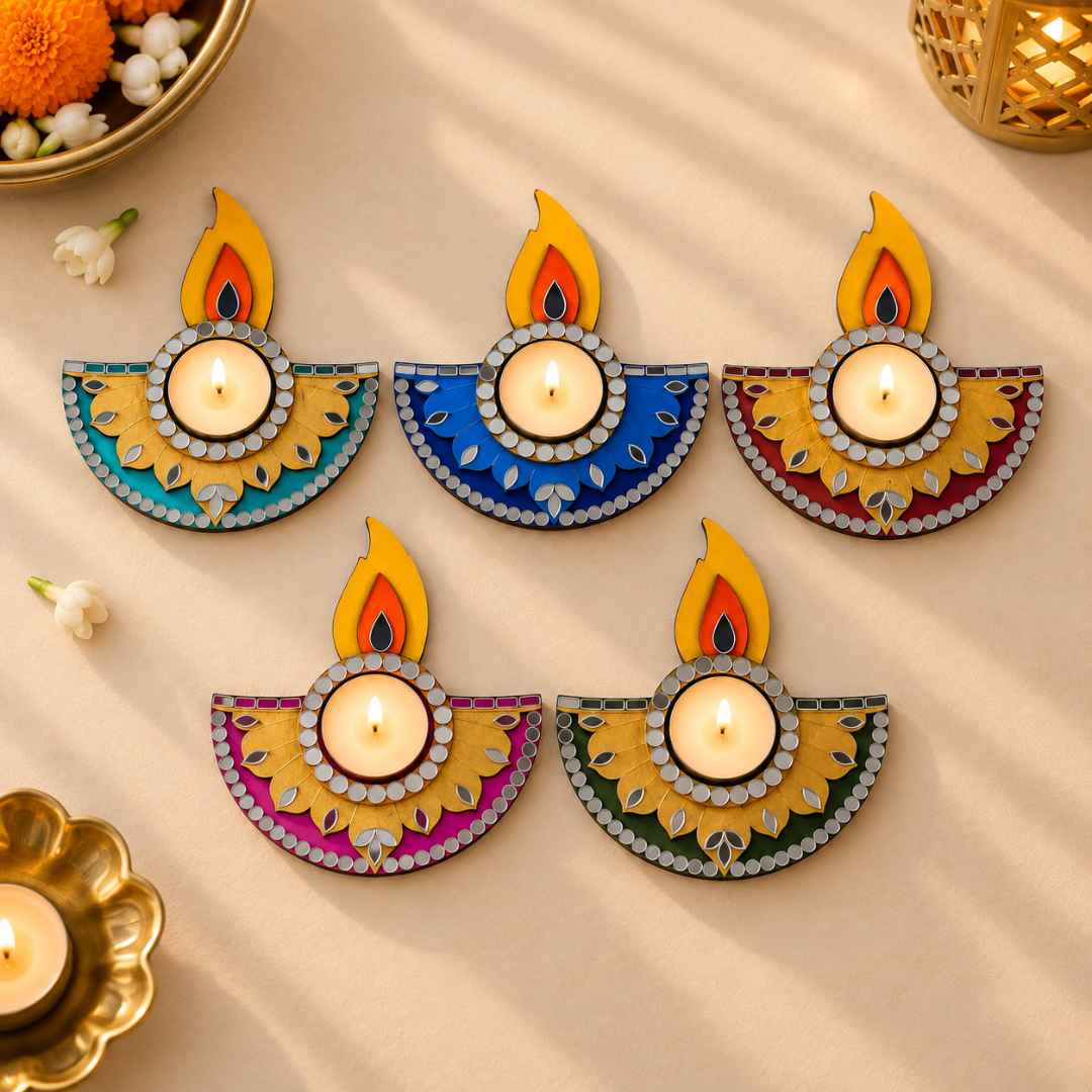 Handpainted Mirror Work Tealight Holders (Set of 5 – Assorted Colours)