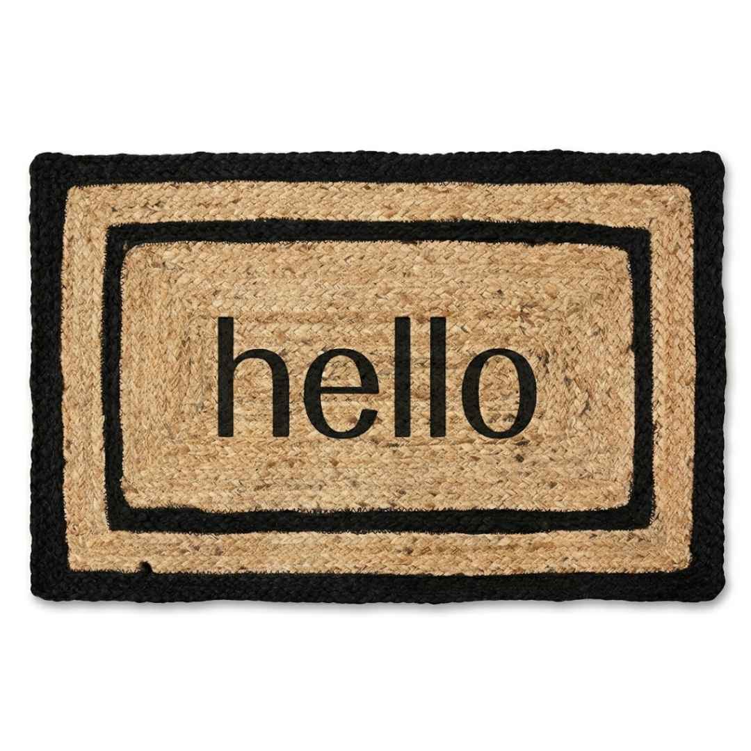 Natural jute doormat with printed hello text and black border