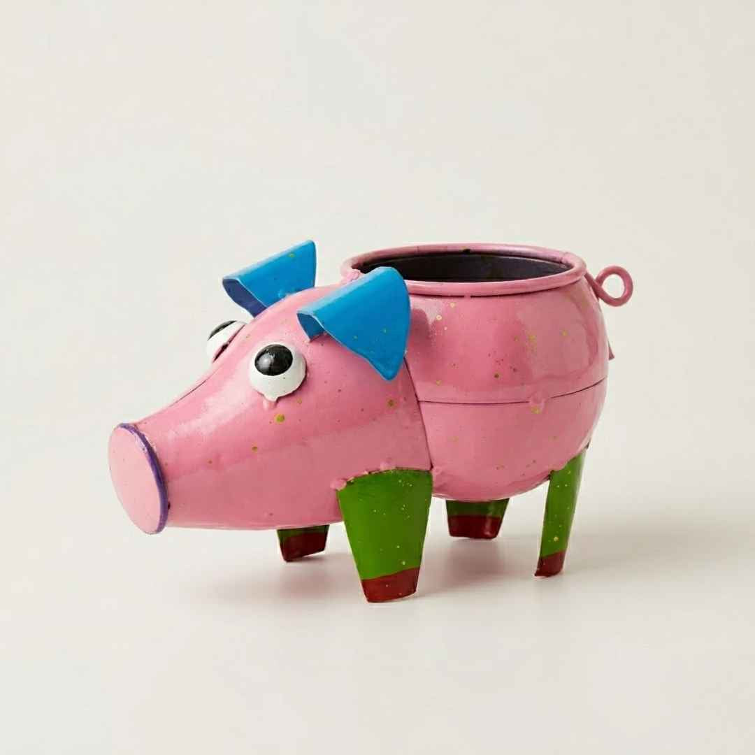 Colorful pig handpainted metal planter with pot for indoor decor and gifting