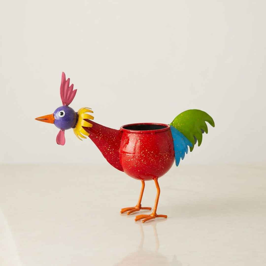 Colorful rooster bird handpainted metal planter with pot for indoor decor