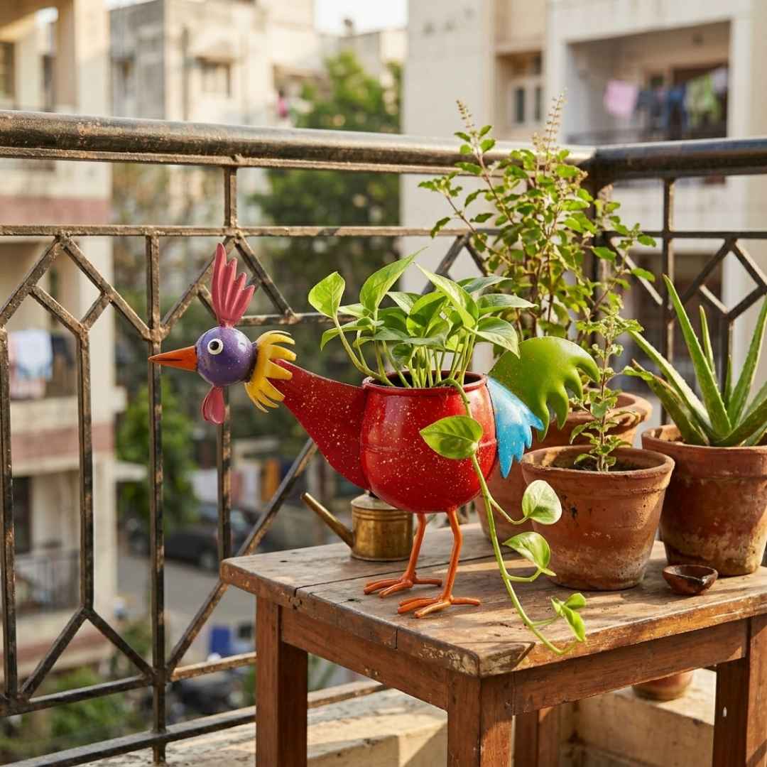 Colorful rooster bird handpainted metal planter with pot for indoor decor
