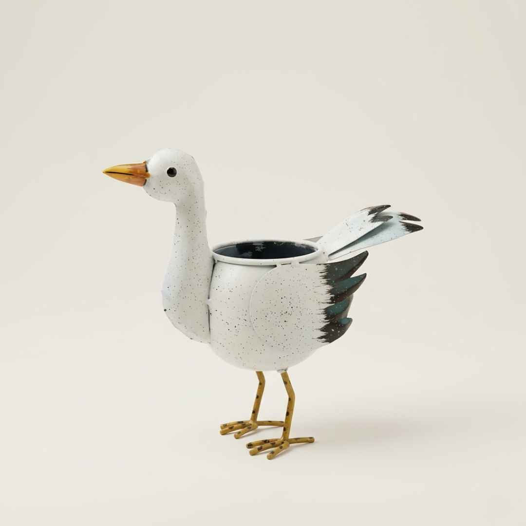 White seagull handpainted metal planter with pot for modern home decor