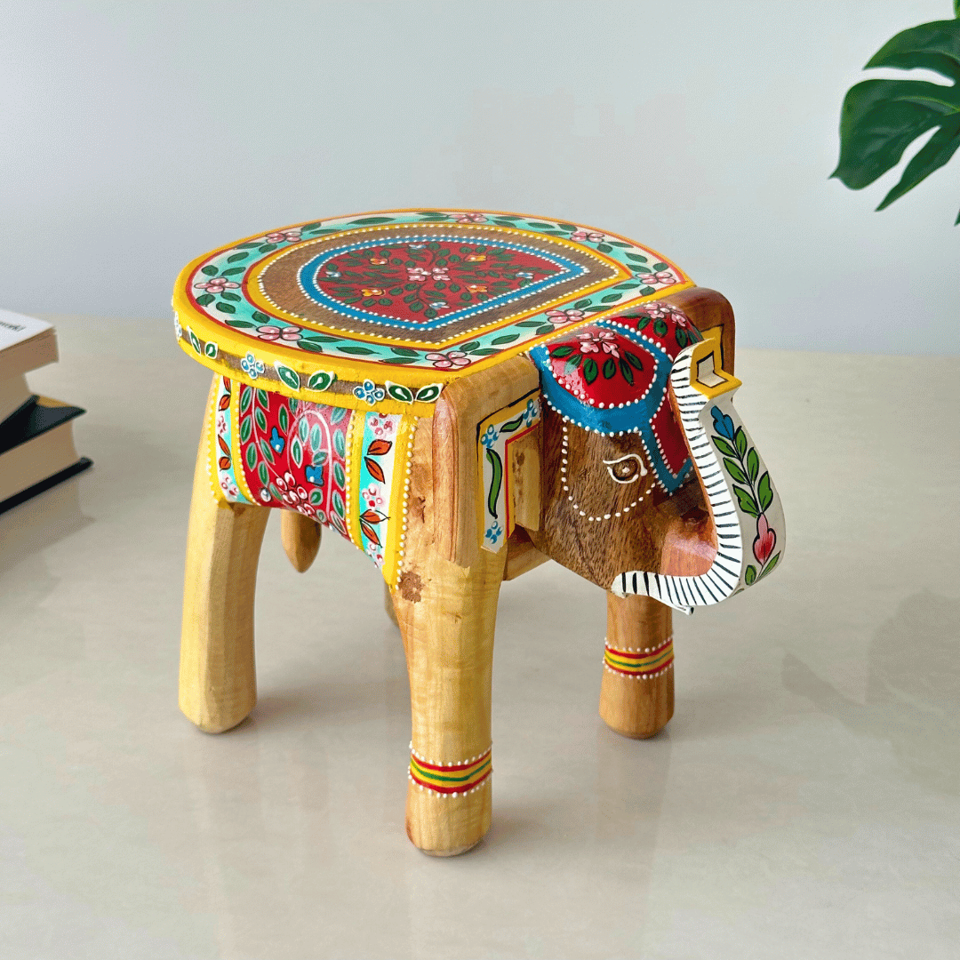 Natural Handpainted Wooden Elephant Stool