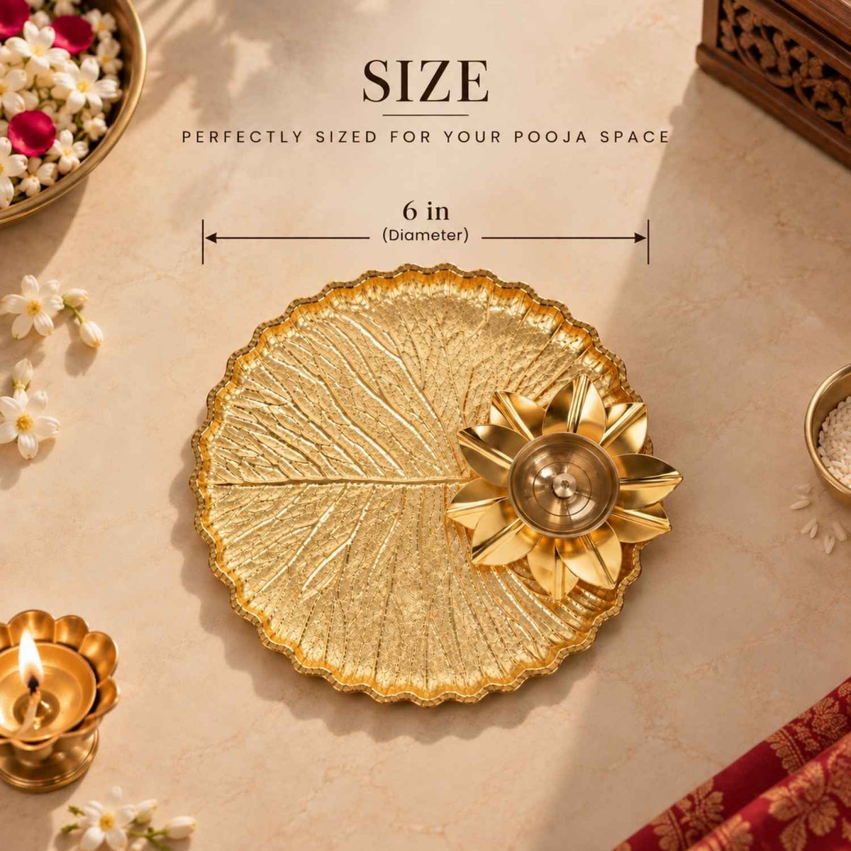 Lotus Pooja Thali with Brass Diya