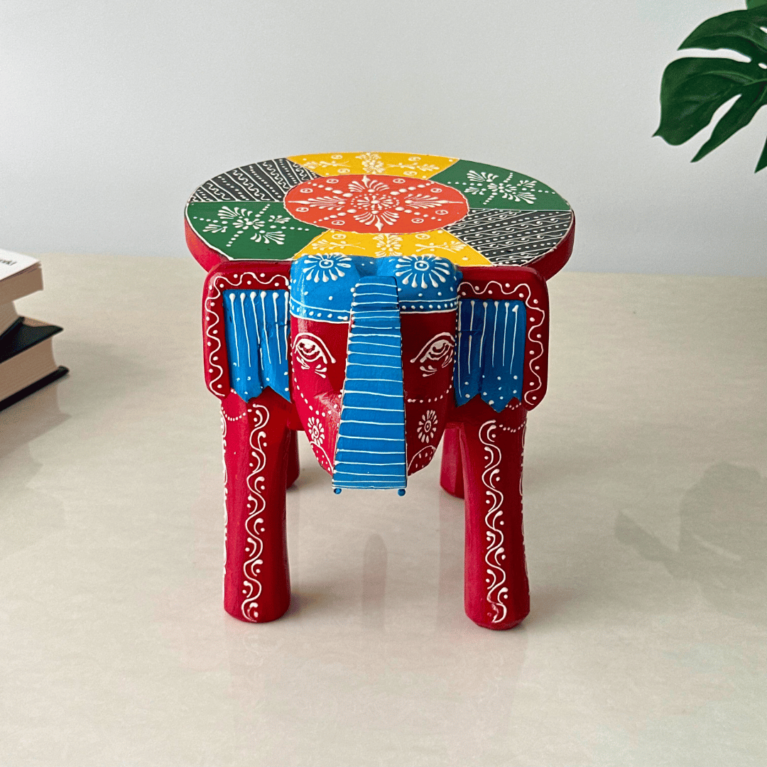 Red Handpainted Wooden Elephant Stool