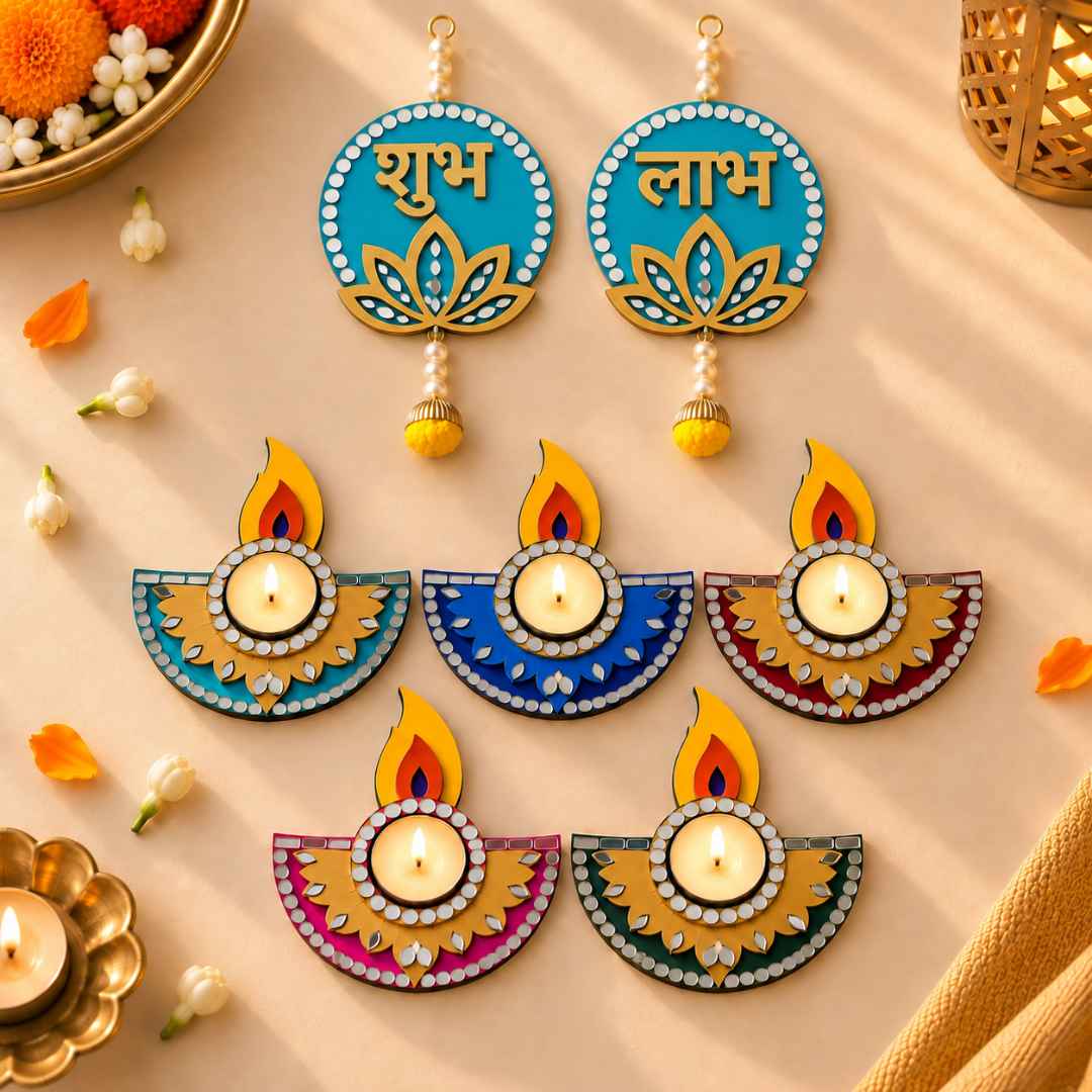 Festive Combo (Blue) – Tealight Holders (Set of 5) + Shubh Labh Hanging