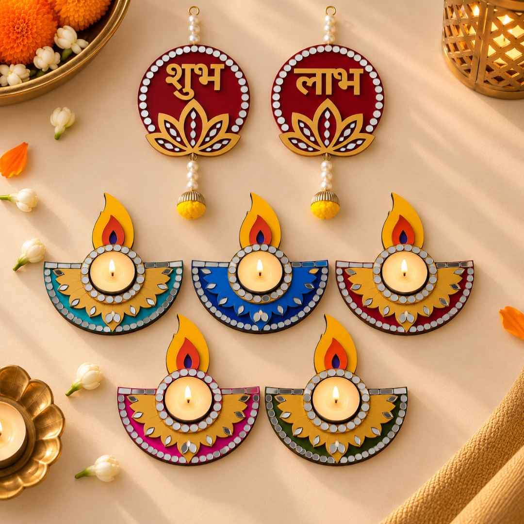 Festive Combo (Red) – Tealight Holders (Set of 5) + Shubh Labh Hanging
