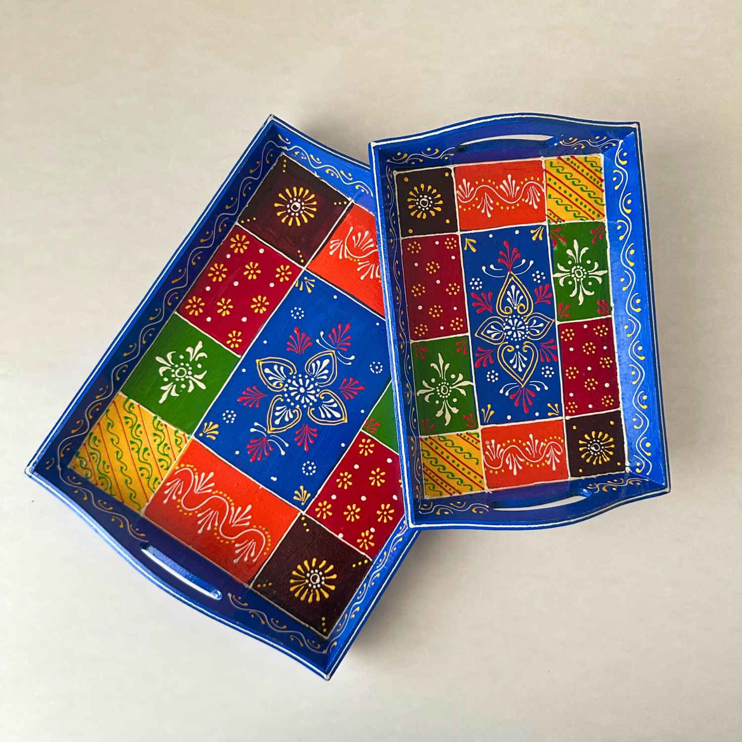 Blue Handpainted Tray (Set Of 2)