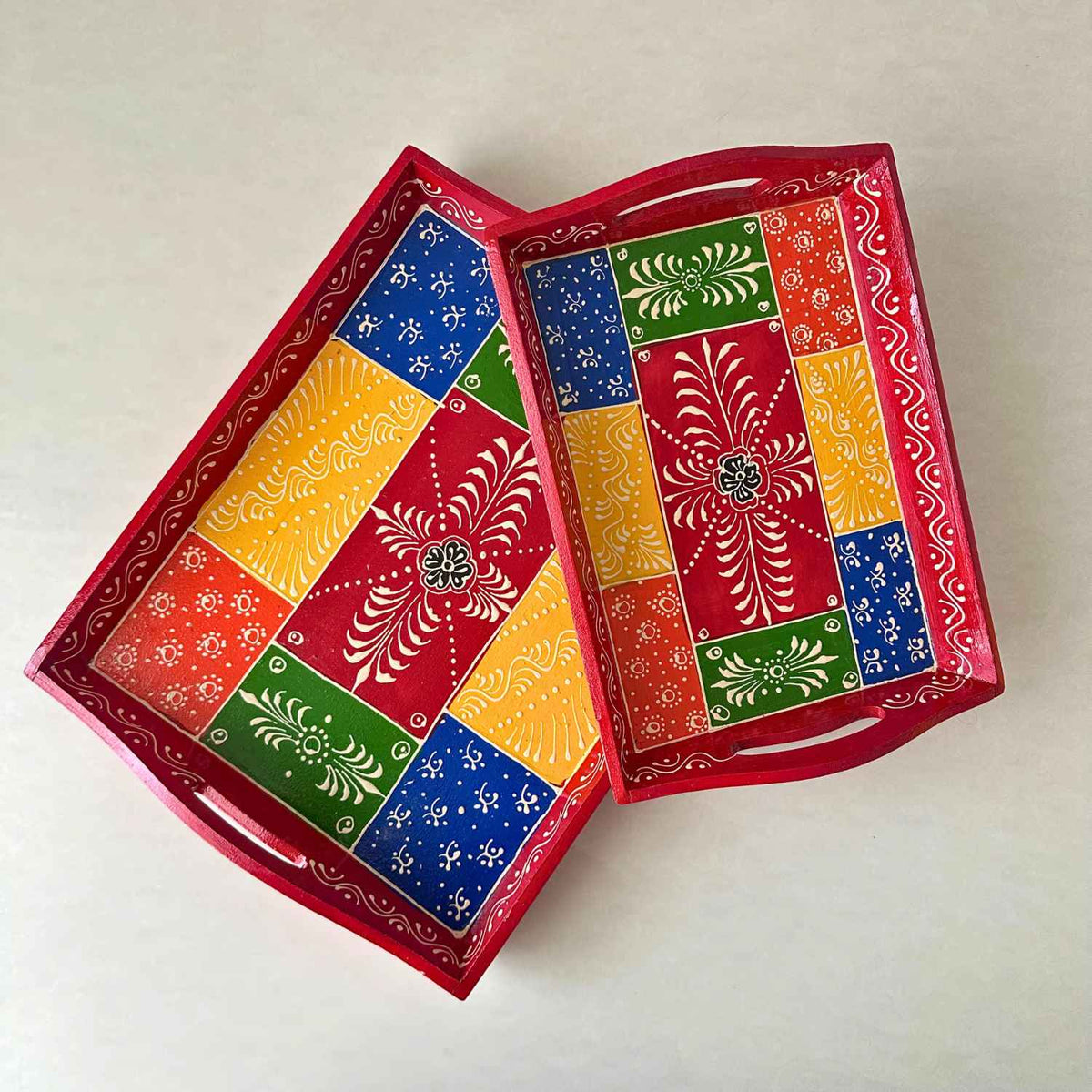 Red Patchwork Tray Set of 2 - Handpainted Trays | Atrangi Studio