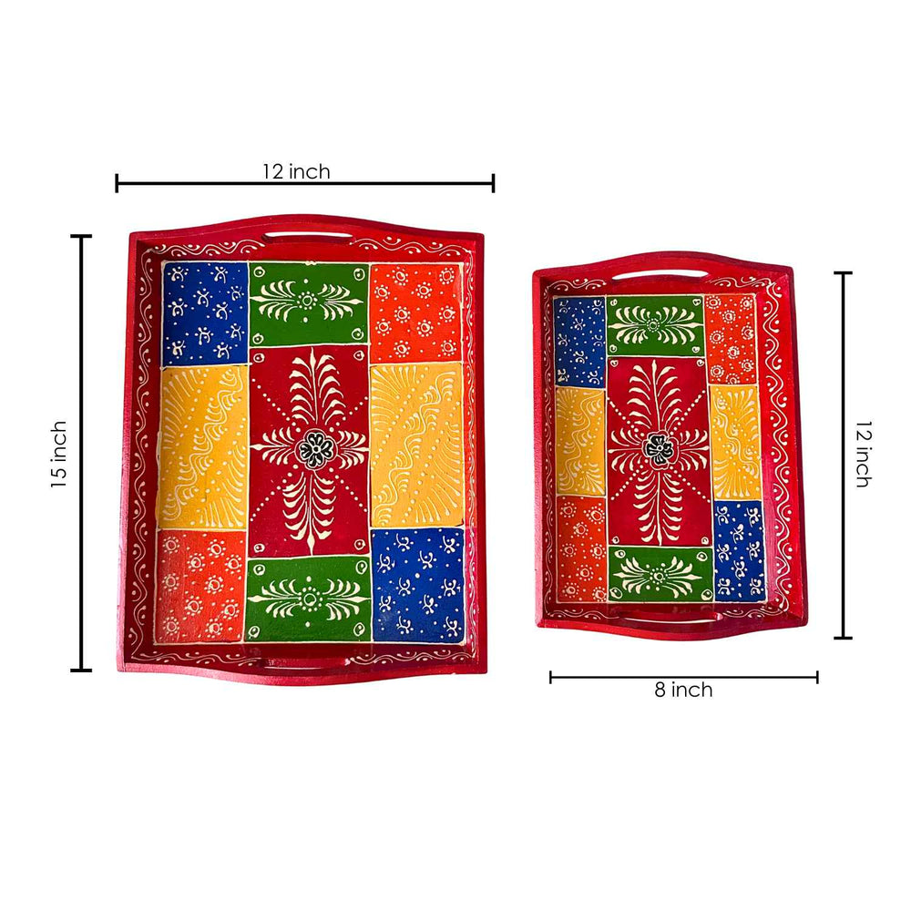 Red Patchwork Tray Set of 2 - Handpainted Trays | Atrangi Studio