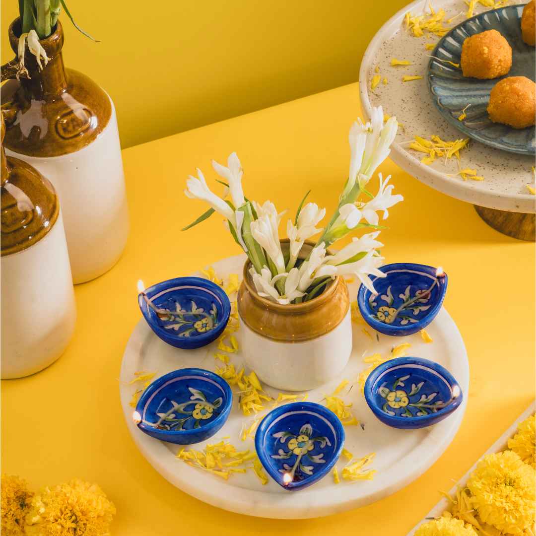 Tulip Blue Pottery Diya (Set Of 5)